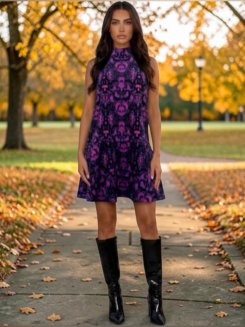 Free People Amelia Jacquard Mock Neck Drop Waist Mini Dress Purple Pink  XP